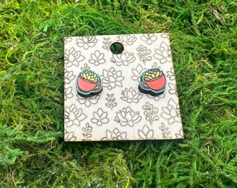 Succulent in a Teacup Stud Earrings – Hand Painted Wood Jewelry