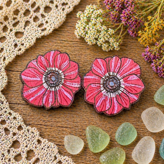 Red Anemone Flower Stud Earrings – Hand Painted Laser Cut Wood Jewelry