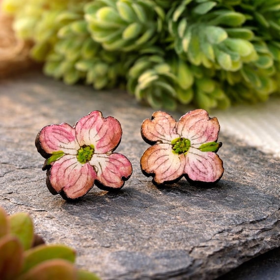 Dogwood Flower Stud Earrings: Pink Shimmer Wood - Hand Painted
