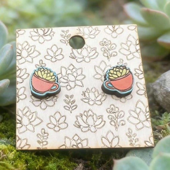 Succulent in a Teacup Stud Earrings – Hand Painted Wood Jewelry