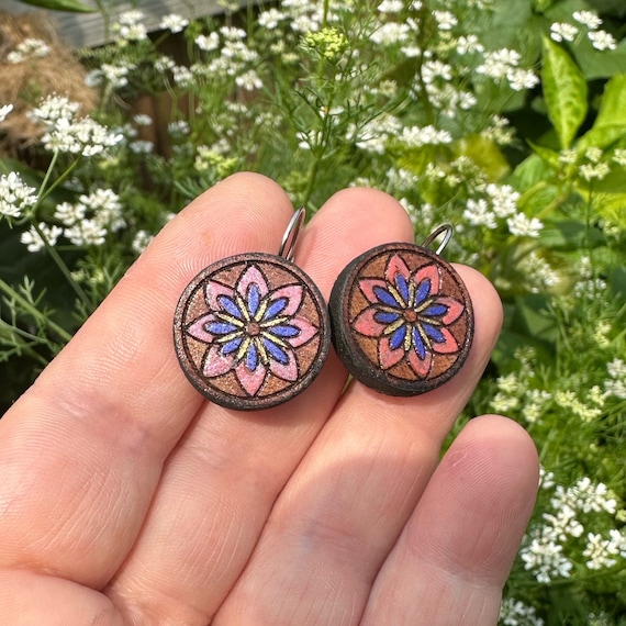Laser Cut Mahogany Earrings: Hand Painted Floral Mandala Design