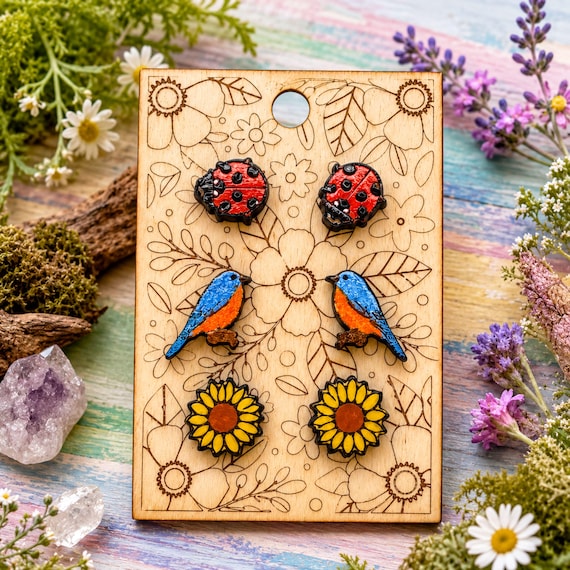 Ladybug Bluebird Sunflower Wood Stud Earring Trio