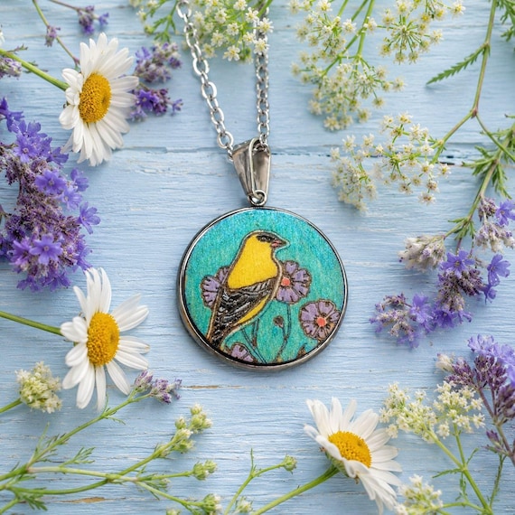 Goldfinch Necklace: Hand Painted Yellow Bird Pendant