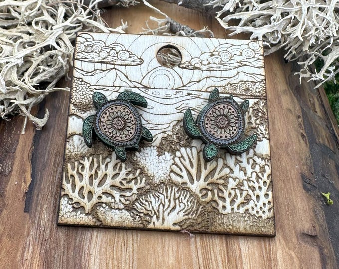 Hand-Painted Sea Turtle Stud Earrings: Basswood Ocean Jewelry