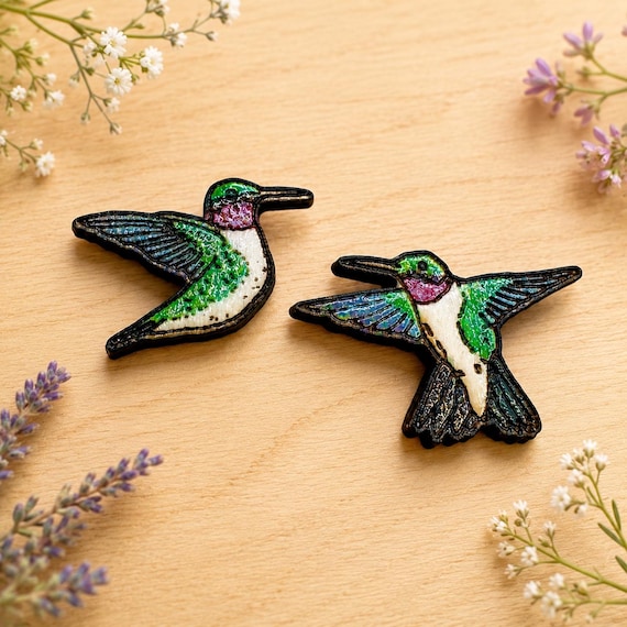 Ruby-Throated Hummingbird Earrings | Hand Painted Bird Studs