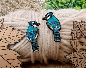 Hand-Painted Blue Jay Stud Earrings – Laser Cut Wood Bird Jewelry