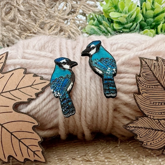 Hand-Painted Blue Jay Earrings: Laser Cut Wood, Nature Inspired