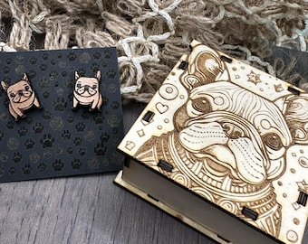 French Bulldog Earrings in wood gift box