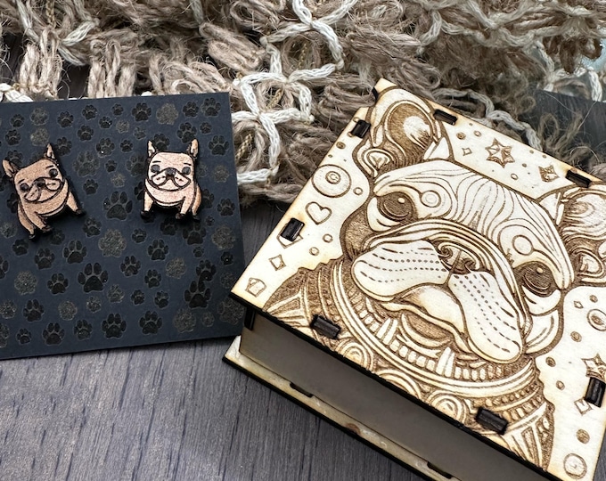 French Bulldog Earrings in wood gift box