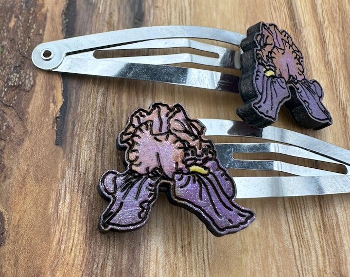 Pair Purple Iris Hand-Painted Hair Clips – Laser Cut Basswood & Stainless Steel