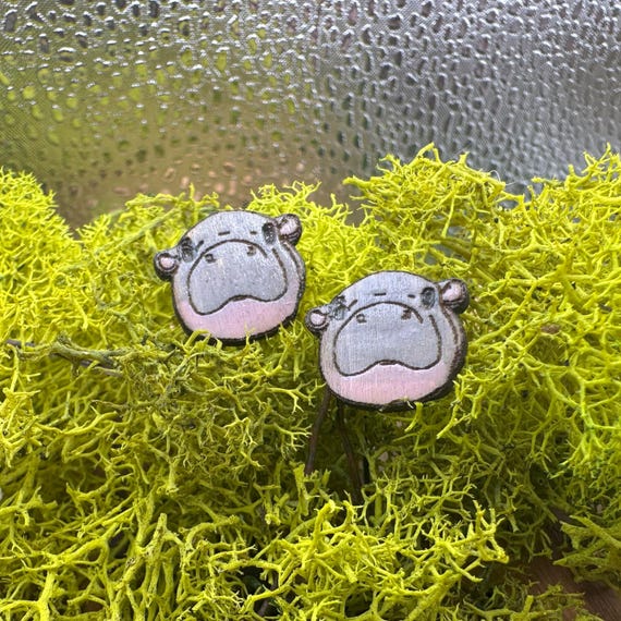 Pygmy Hippo Stud Earrings – Laser Cut Wood Animal Jewelry with Tropical Gift Box
