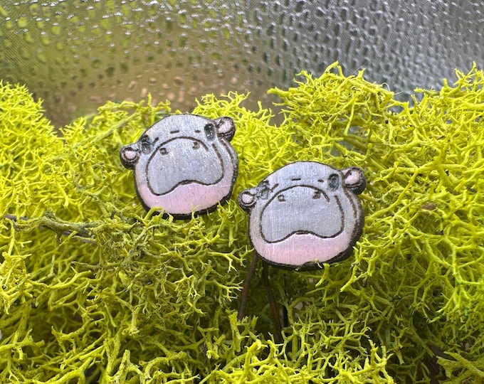 Pygmy Hippo Stud Earrings – Laser Cut Wood Animal Jewelry with Tropical Gift Box