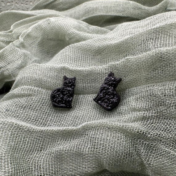 Mini Black Cat Wood Stud Earrings