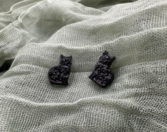 Mini Black Cat Wood Stud Earrings