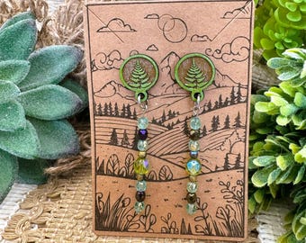 Wood Fern Circle Stud Earrings with Czech Glass Dangles