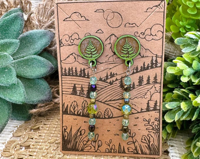 Wood Fern Circle Stud Earrings with Czech Glass Dangles