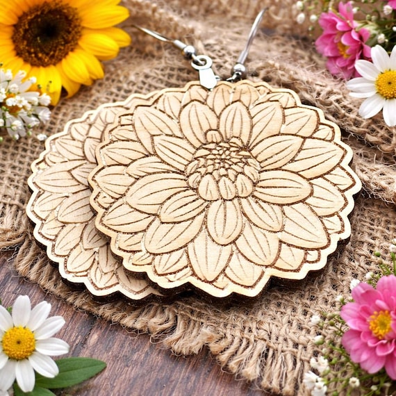 Wood Dahlia Earrings: Laser Cut Floral Blanks for Painting