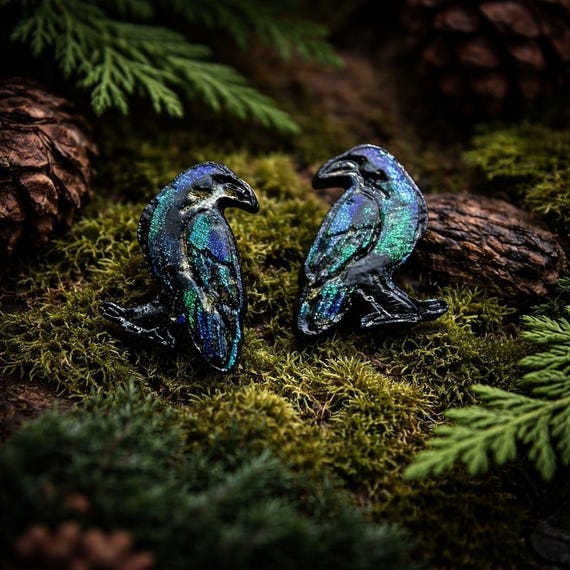 Hand-Painted Iridescent Crow Stud Earrings – Laser-Cut Wood Jewelry in Gift Box