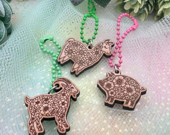 Floral Animal Cherry Wood Keychain Charms- 3 styles- Lama or Pig or Goat