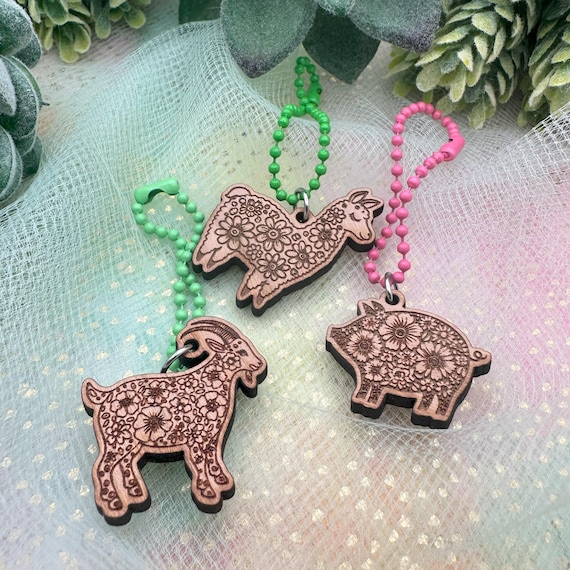 Floral Animal Cherry Wood Keychain Charms- 3 styles- Lama or Pig or Goat
