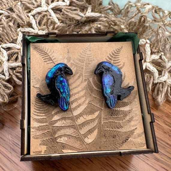 Hand-Painted Ultra Iridescent Crow Raven Screw Back Stud Earrings – Nature-Inspired Gothic Jewelry