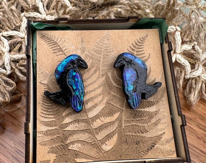 Hand-Painted Ultra Iridescent Crow Raven Screw Back Stud Earrings – Nature-Inspired Gothic Jewelry