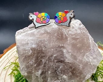 Cute Rainbow Snail Studs in a wood gift box