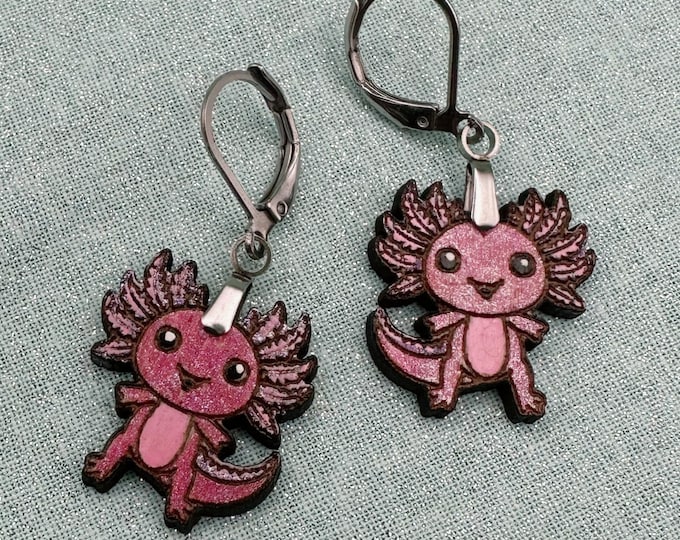 Hand-Painted Wood Axolotl Earrings: Lever/Push/Screw Back Styles