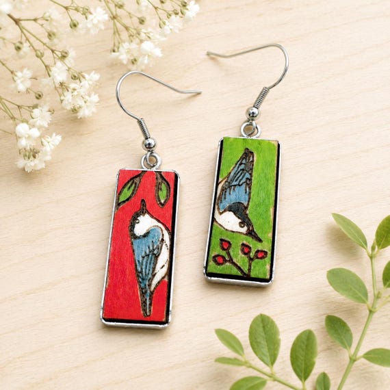 Mismatched Nuthatch Rectangle Dangle Earrings Hand Painted Wood and Stainless Steel