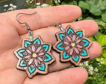 Laser Cut Hand Painted Rosewood Wood Earrings with Rainbow Stainless Steel French Hook Findings for Jewelry
