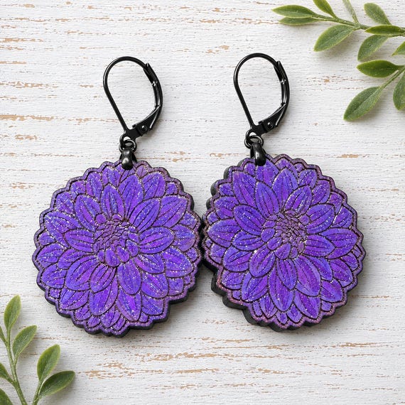 Dahlia Dangle Wood Earrings- Purple or Custom Color