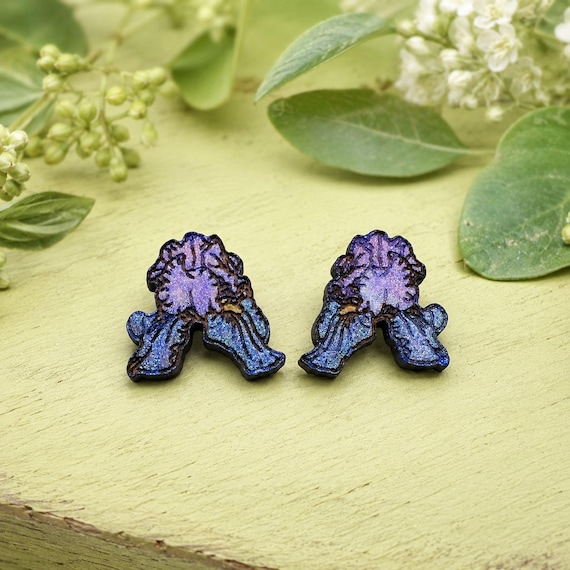 Hand Painted Iris Flower Earrings - Wooden Floral Studs with Metal Posts