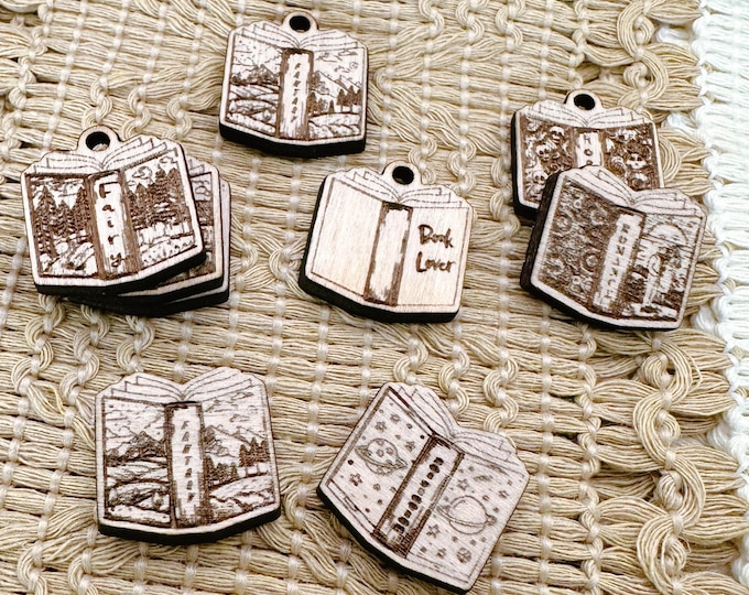 Small Wood Book Charms- Mystery Sci-Fi Romance Fantasy Fairytale Horror "Book Lover"