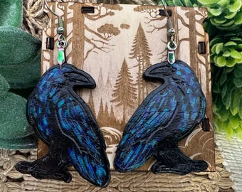 Hand-painted Iridescent Crow Stud Earrings in a Wood Box