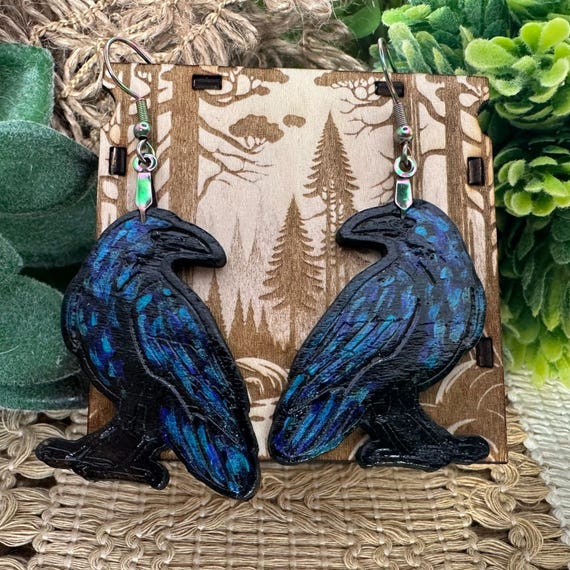 Hand-painted Iridescent Crow Stud Earrings in a Wood Box