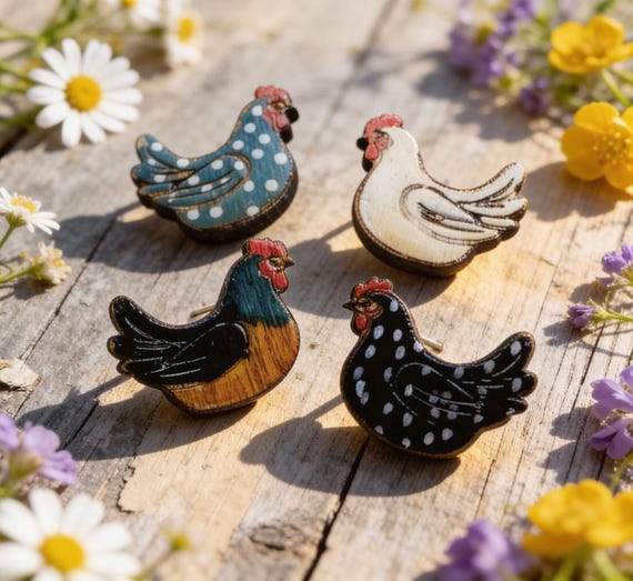 Hand-Painted Chicken Stud Earrings in a Wood Gift Box
