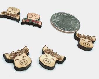 Pairs Pig in a Flower Crown Wood Earring Blanks, Unfinished Earrings, Laser Engraved Piggie Charms for Crafts or Jewelry