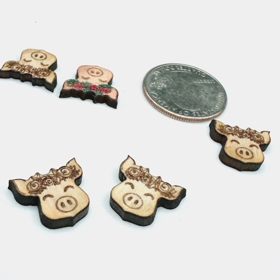 Pig in Flower Crown Wood Earring Blanks: Laser Engraved Charms