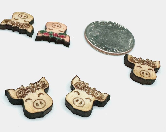 Pig in Flower Crown Wood Earring Blanks: Laser Engraved Charms
