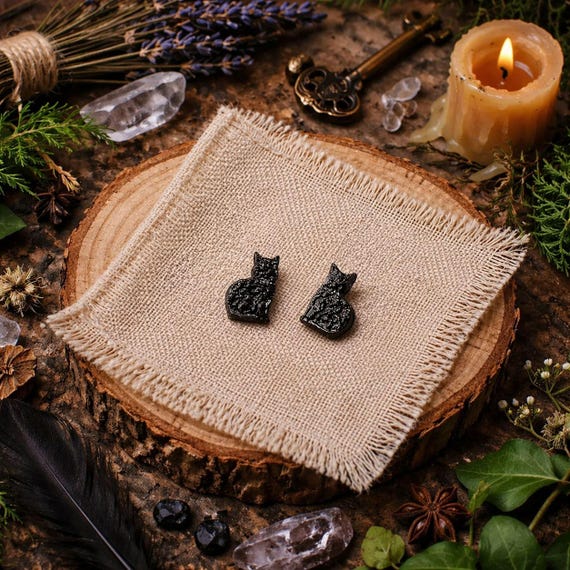 Mini Black Cat Earrings: Hand-Painted Wood Studs (Everyday Wear)
