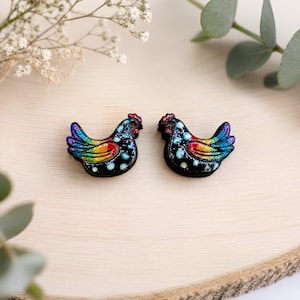 Rainbow Chicken Stud Earrings: Colorful Design - Hand Painted Wood