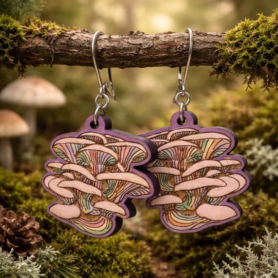 Rainbow Oyster Mushroom Earrings – Hand Painted Cherry Wood Dangles- Wildwood Collection