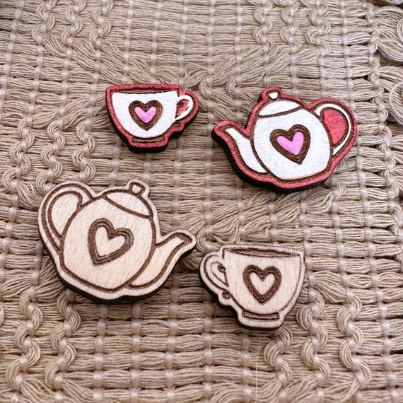 4+ Heart Teapot Teacup Unfinished Wood Pieces Jewelry Blanks