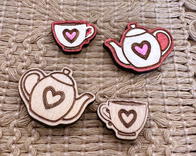 4+ Heart Teapot Teacup Unfinished Wood Pieces Jewelry Blanks