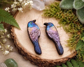 Grackle Bird Stud Earrings | Hand-Painted & Laser Cut Wood | Lightweight, Hypoallergenic