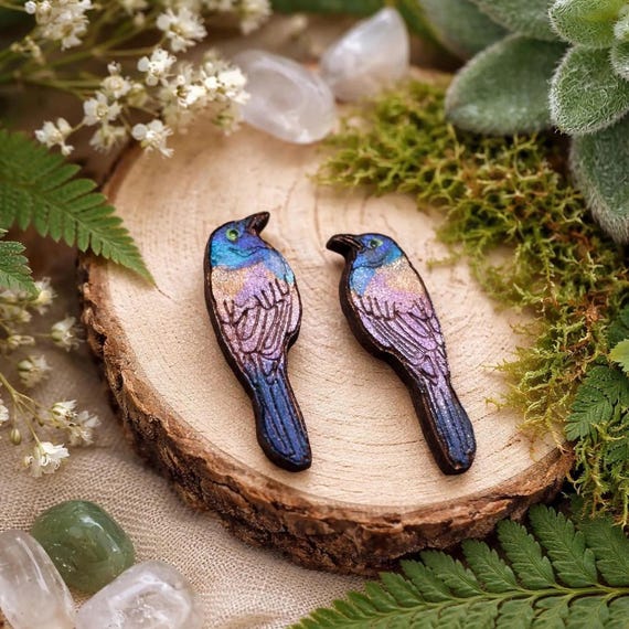 Grackle Bird Earrings: Hand-Painted Wood - Lightweight, Hypoallergenic