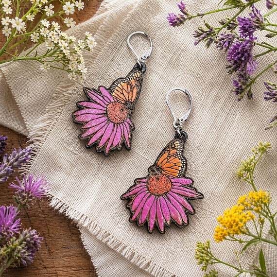 Monarch Butterfly on Coneflower Dangle Earrings