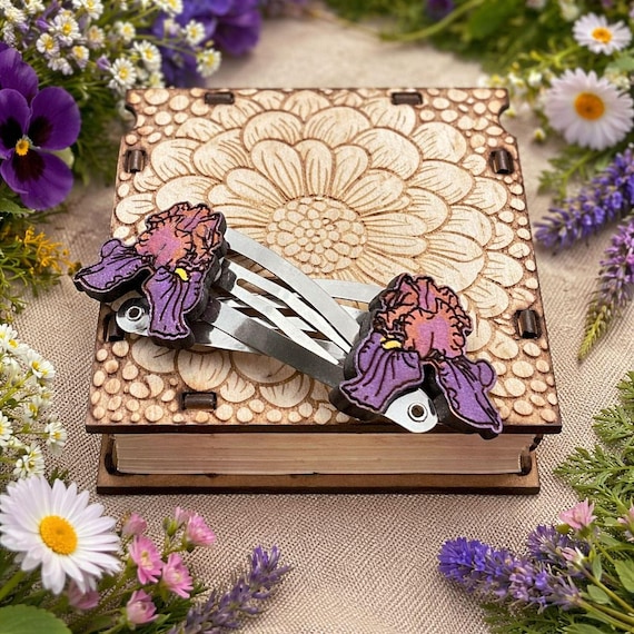 Pair Purple Iris Hand-Painted Hair Clips – Laser Cut Basswood & Stainless Steel