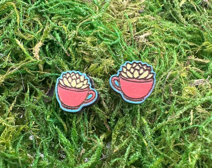 Succulent in a Teacup Stud Earrings – Hand Painted Wood Jewelry