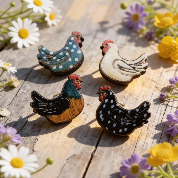 Hand-Painted Chicken Stud Earrings in a Wood Gift Box